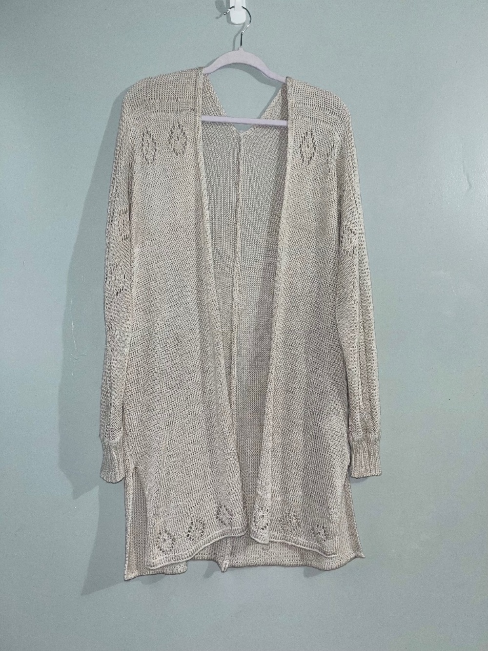 Beige Solid Open-Knit V-Neck Cardigan Sweater Long Sleeve L